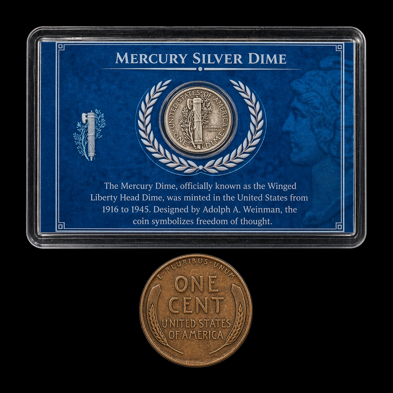 Mercury Silver Dime 90% 1916-1945 in Display Card + Wheat Penny 1909-1958