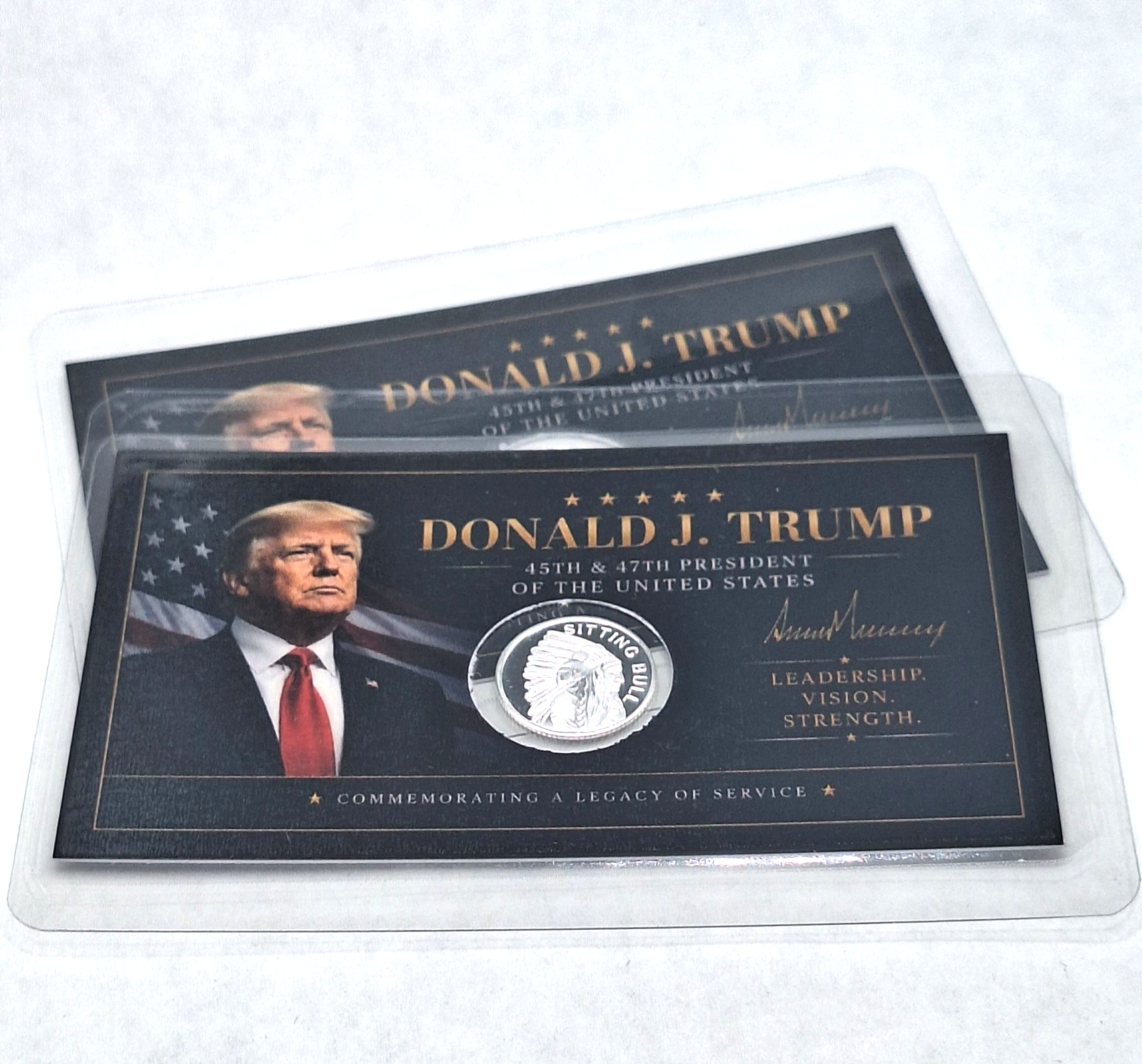 2x Donald J Trump Tribute Card w/ Genuine 1g .999 Fine Silver Sitting Bull Round