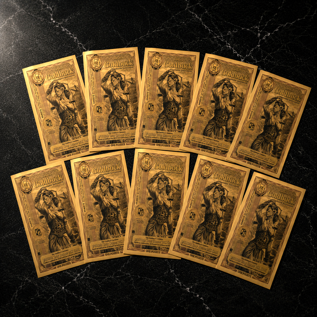 10x - 2026 1/4 IDAHO Goldback Gold Foil Note 1/4000 oz 24k IN STOCK!