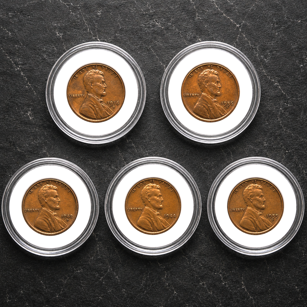 LOT OF 5 Lincoln Wheat Penny Cent BU Uncirculated - Brilliant Coin in Hard Case