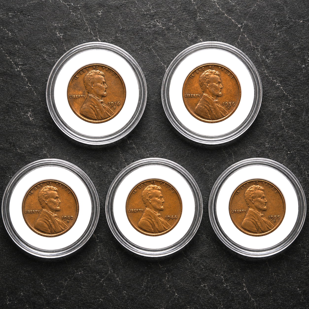 LOT OF 5 Lincoln Wheat Penny Cent BU Uncirculated - Brilliant Coin in Hard Case