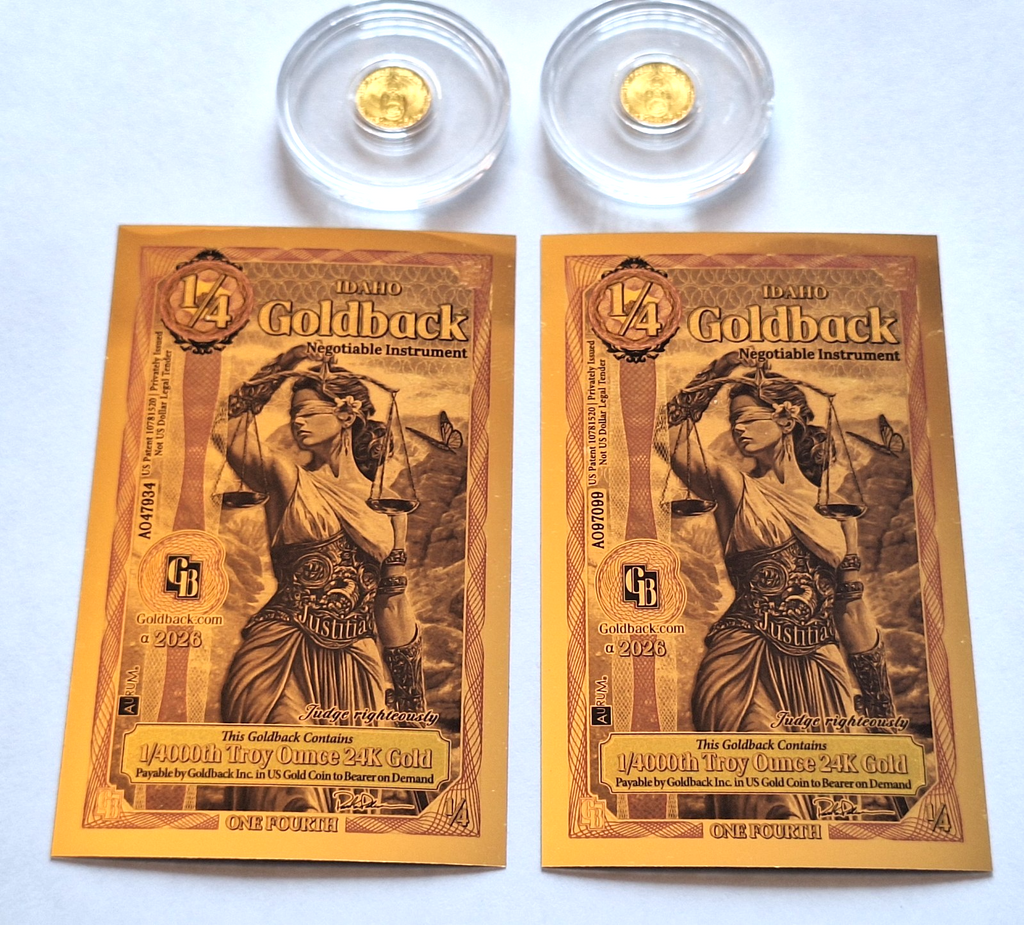 2x 1/200 oz Pure Gold Egyptian Scarab Rounds + 2x FREE 1/4000 oz Idaho Goldbacks
