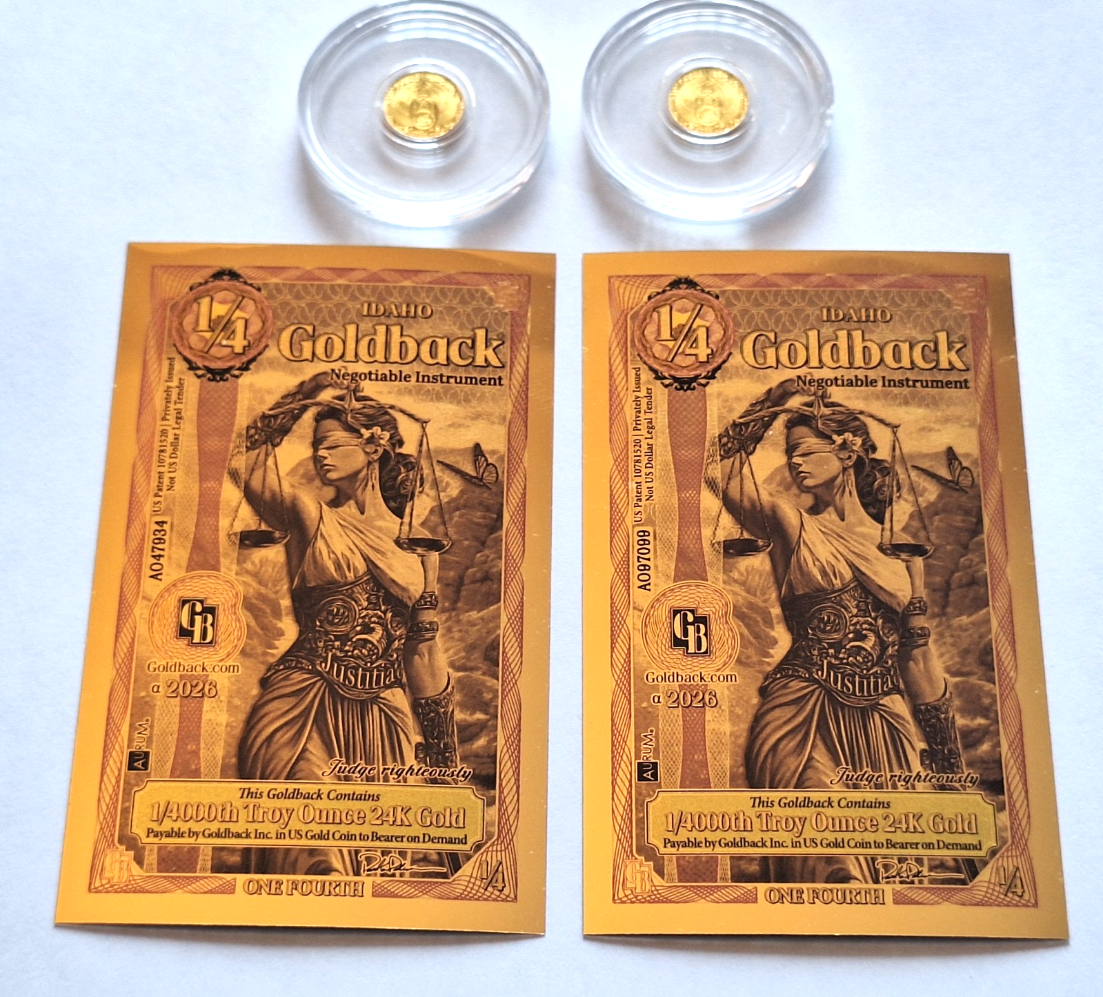 2x 1/200 oz Pure Gold Egyptian Scarab Rounds + 2x FREE 1/4000 oz Idaho Goldbacks