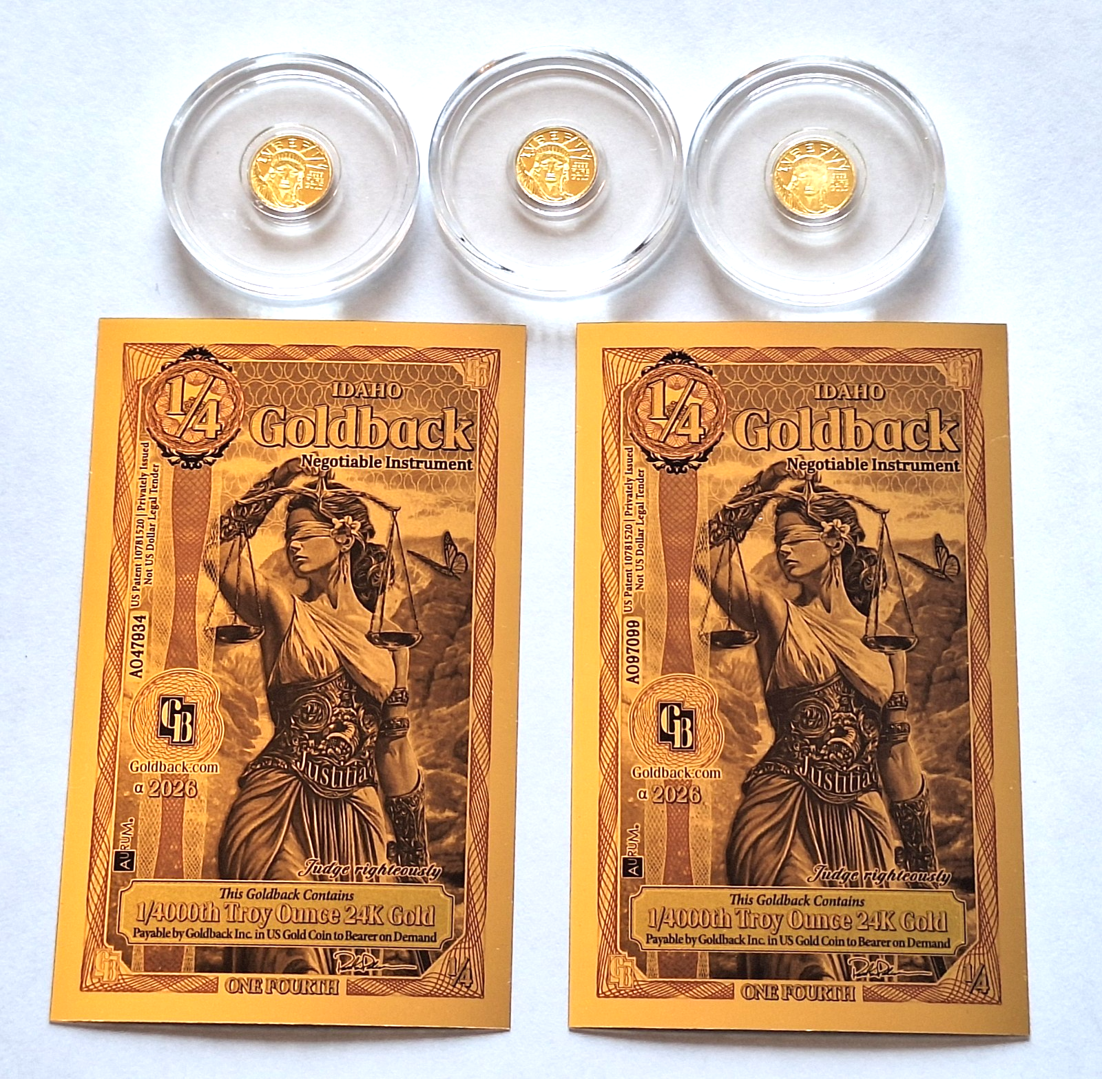 3x 24k Pure Gold Lady Liberty Coins .9999 Rounds + 2 FREE Idaho Goldbacks 24k