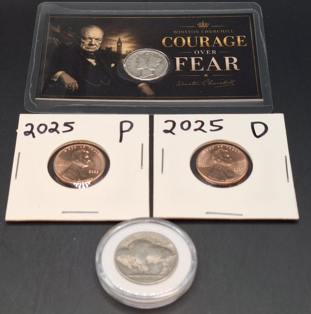 Winston Churchill Silver Mercury Dime Card, Buffalo Nickel & 2025 Cent Set BU