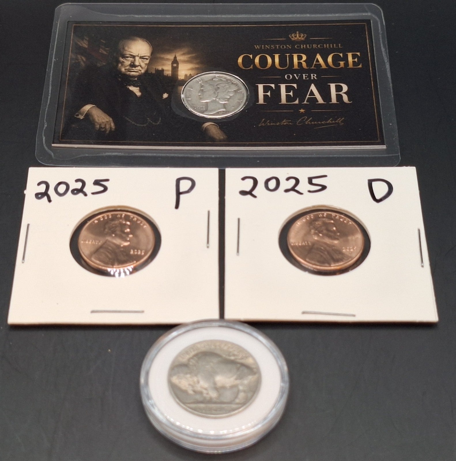Winston Churchill Silver Mercury Dime Card, Buffalo Nickel & 2025 Cent Set BU