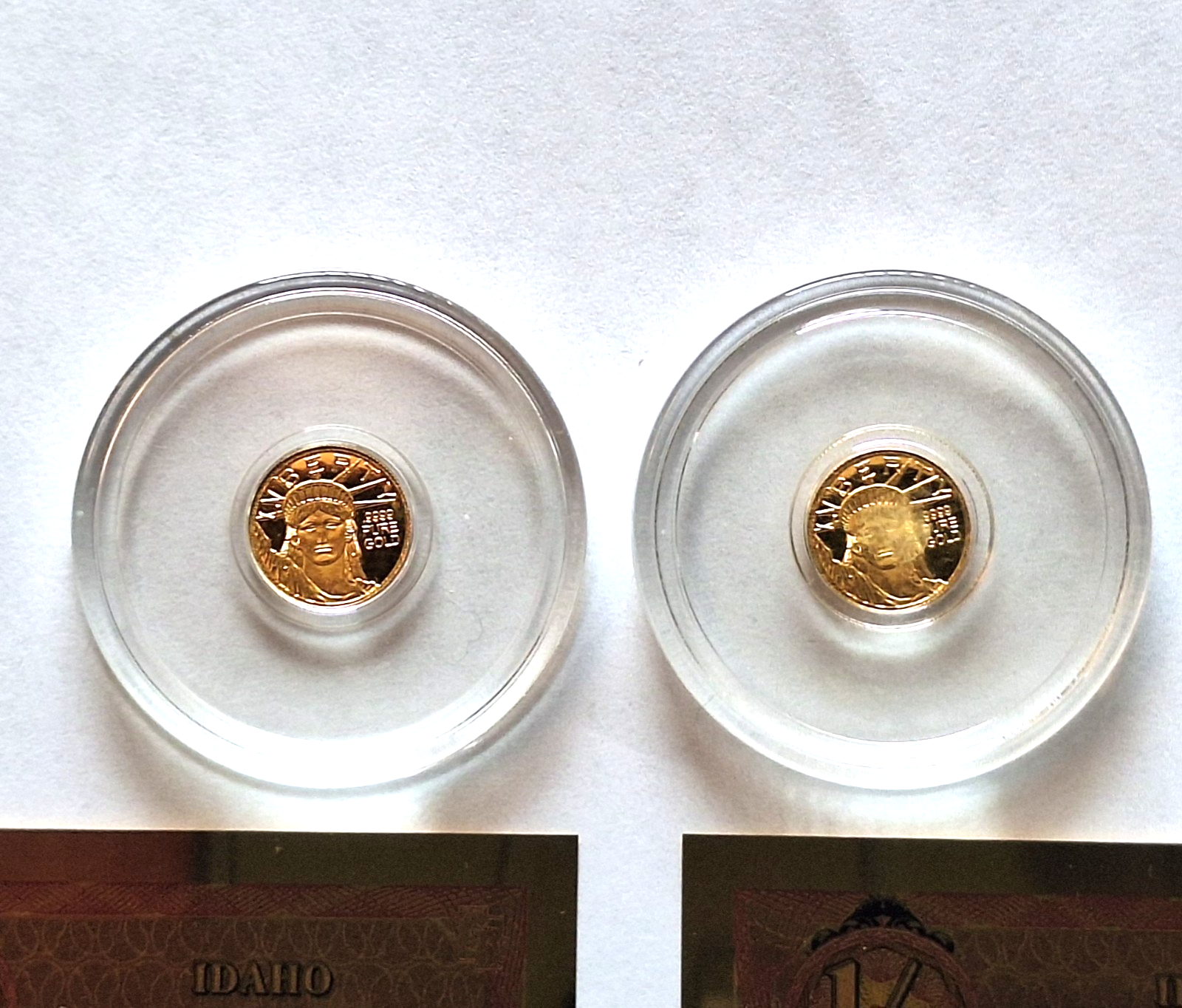 2x 24k Pure Gold Lady Liberty Coins .9999 Rounds + 2 FREE Idaho Goldbacks 24k