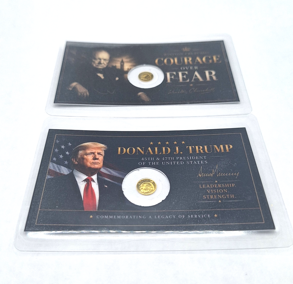 Set of 2 Trump & Churchill Tribute Cards w/ Genuine 1/500 oz .9999 Gold Rounds
