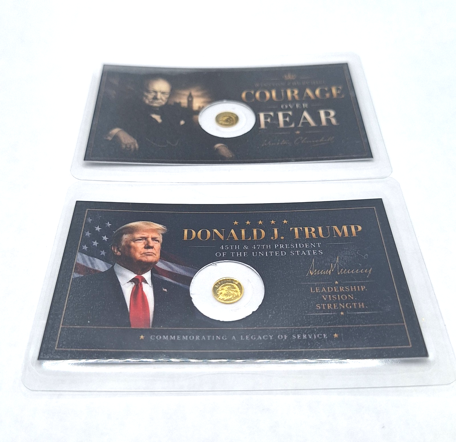 Set of 2 Trump & Churchill Tribute Cards w/ Genuine 1/500 oz .9999 Gold Rounds