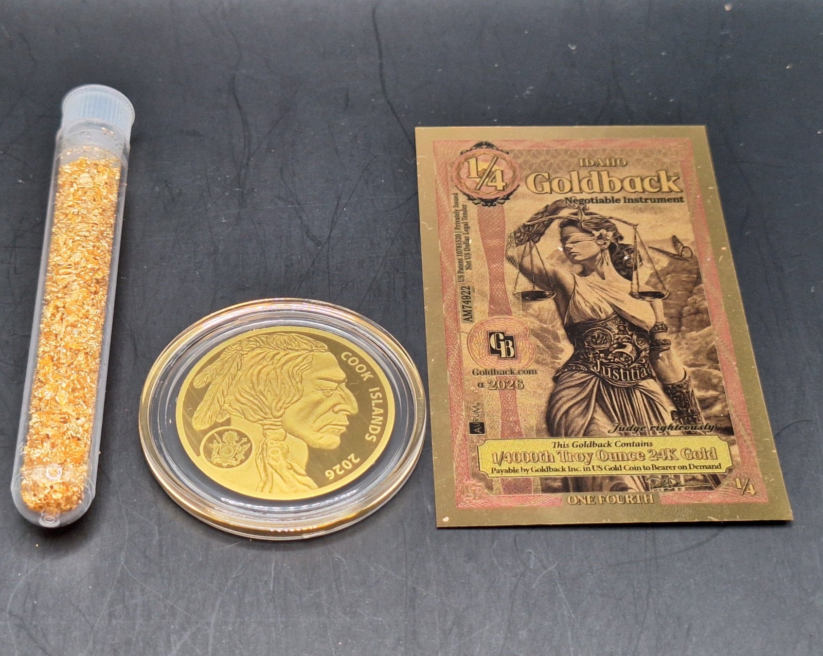 Gold Collection Set Buffalo Gold Coin, Goldback Note & Genuine Gold Flakes