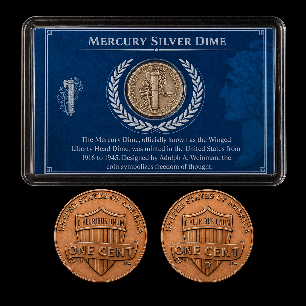 Mercury Silver Dime 90% CIRC in Card + 2025 P&D Lincoln Cent Penny BU Set