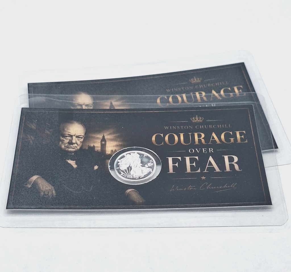 2x Winston Churchill Tribute Card w/ Genuine 1g .999 Fine Silver Walking Round