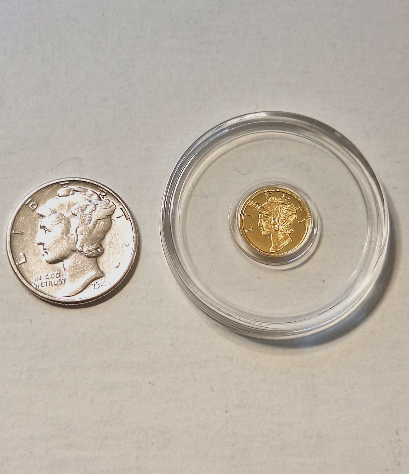 2 Mercury Dimes Gold & Silver GEM BU Real 90% Silver + .9999 Gold Round!!