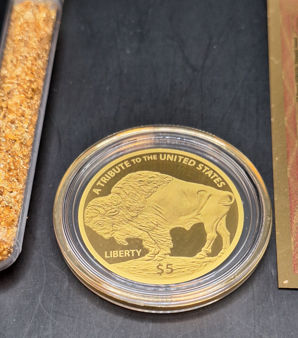 Gold Collection Set Buffalo Gold Coin, Goldback Note & Genuine Gold Flakes