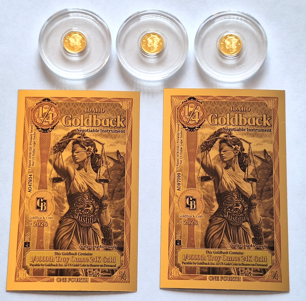 3x Mercury Gold Dime 1/200 oz Pure Gold Round + 2x FREE Idaho Goldback Notes