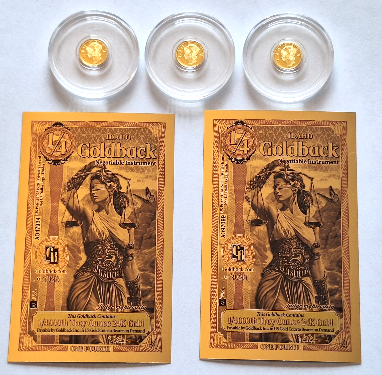3x Mercury Gold Dime 1/200 oz Pure Gold Round + 2x FREE Idaho Goldback Notes
