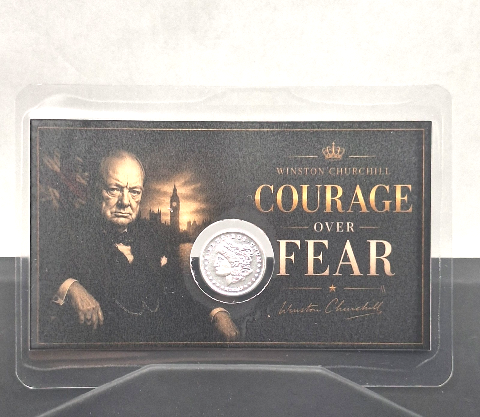 Winston Churchill Courage Over Fear Card w/ Genuine 1g .999 Silver Morgan Round