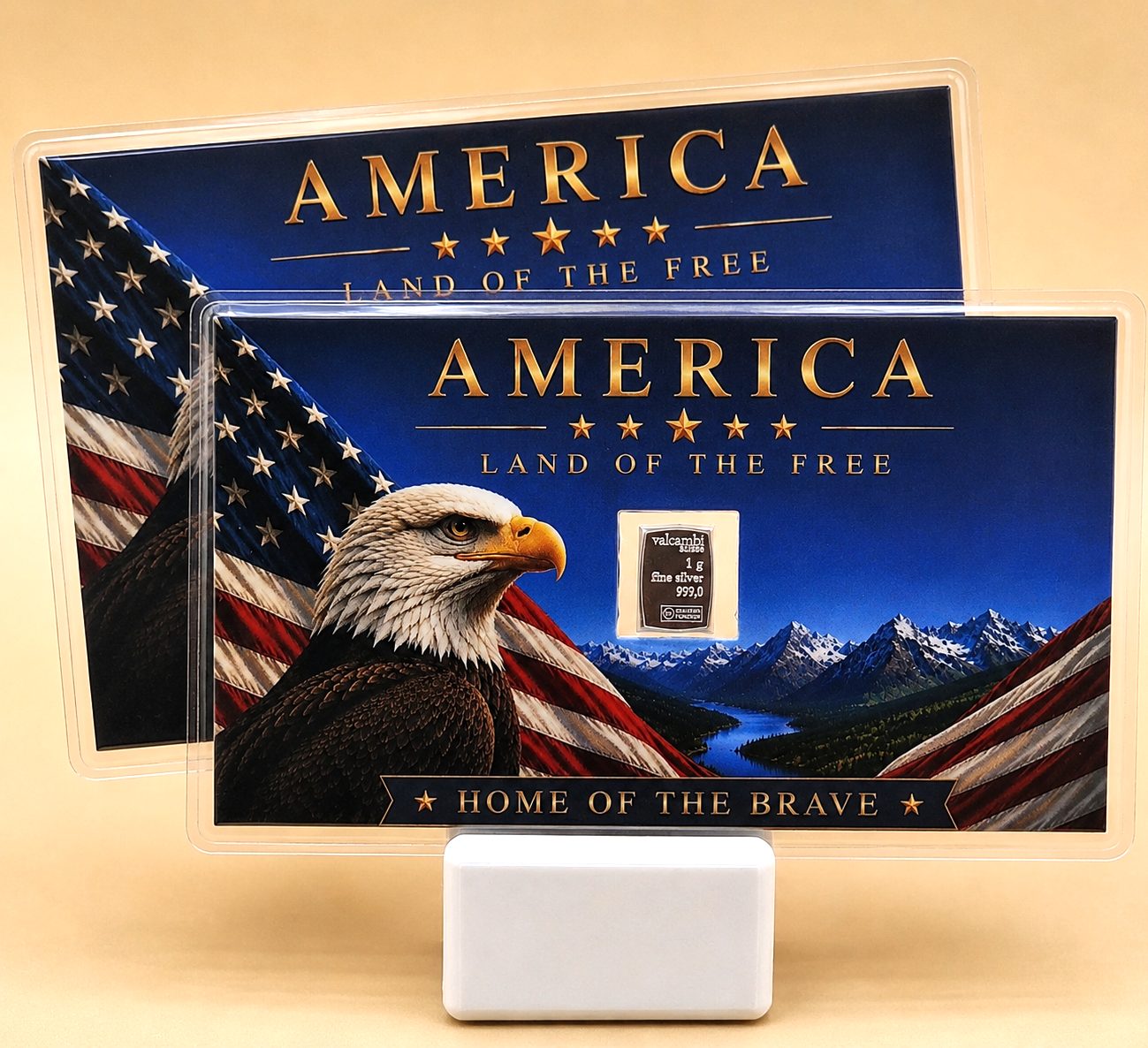 2x - American Bald Eagle CARD w/ Genuine 1g Valcambi Suisse .999 Fine Silver Bar