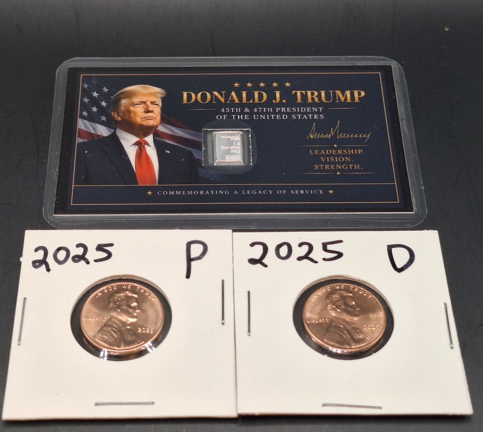 Trump Tribute Card w/ 1g Valcambi Silver Bar & 2025 P&D Lincoln Cent Set BU