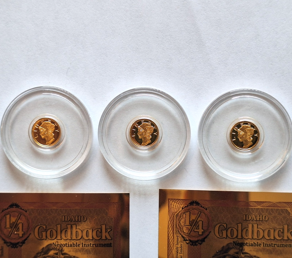 3x Mercury Gold Dime 1/200 oz Pure Gold Round + 2x FREE Idaho Goldback Notes