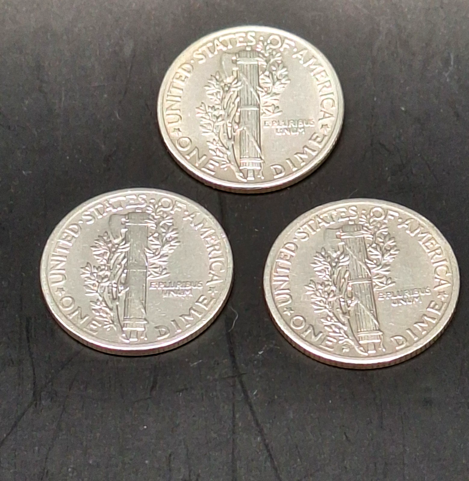 Set of 3 Mercury Dimes AU Almost Uncirculated 90% Silver 10C PDS Free Ship!!