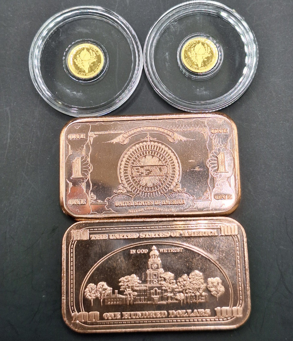 2x Mercury Gold Dime 1/200 oz .9999 Gold Coins + FREE 2x 1 oz Copper Bars