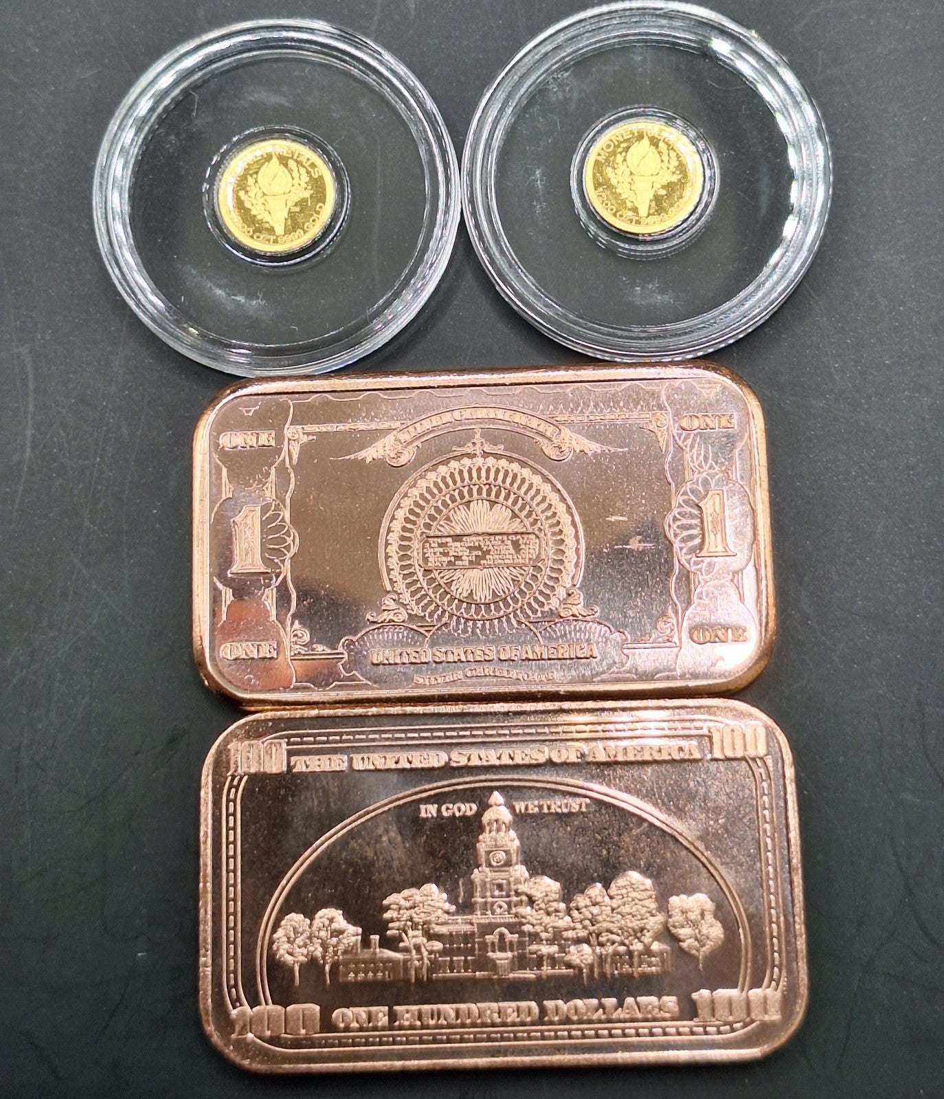 2x Mercury Gold Dime 1/200 oz .9999 Gold Coins + FREE 2x 1 oz Copper Bars