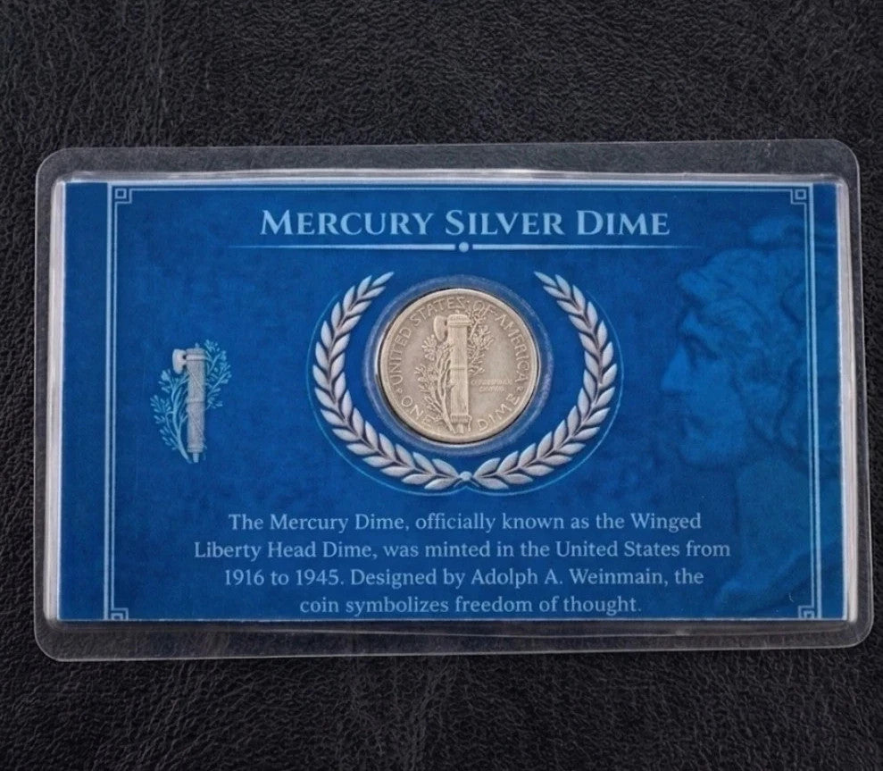 Lot of 10 - Genuine Mercury Silver Dime 90% Silver Coin in Laminated Display Card