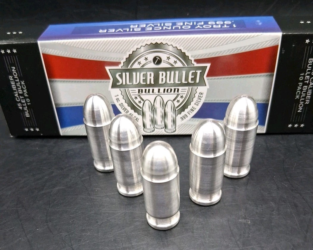 Lot 2 x 1oz Silver Bullet Bullion .999 Fine Silver .45 Auto ACP 2oz Total