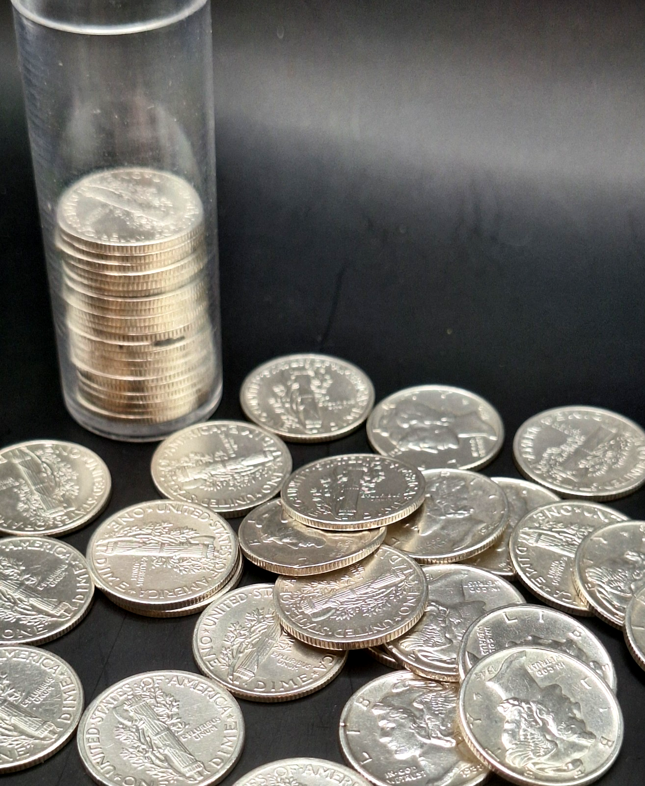 Tube of 50 - Mercury Dimes AU Almost Uncirculated 90% Silver 10C PDS Free Ship!!