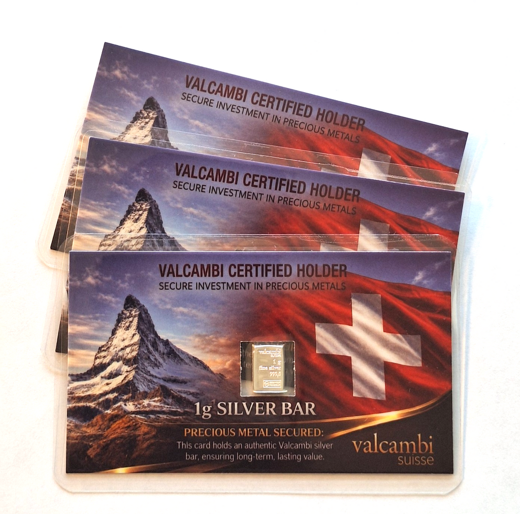 3x 1g Valcambi Suisse Silver Bar .999 Fine Silver in Sealed Swiss Display Card