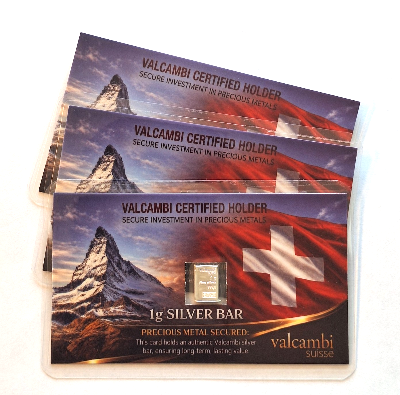 3x 1g Valcambi Suisse Silver Bar .999 Fine Silver in Sealed Swiss Display Card