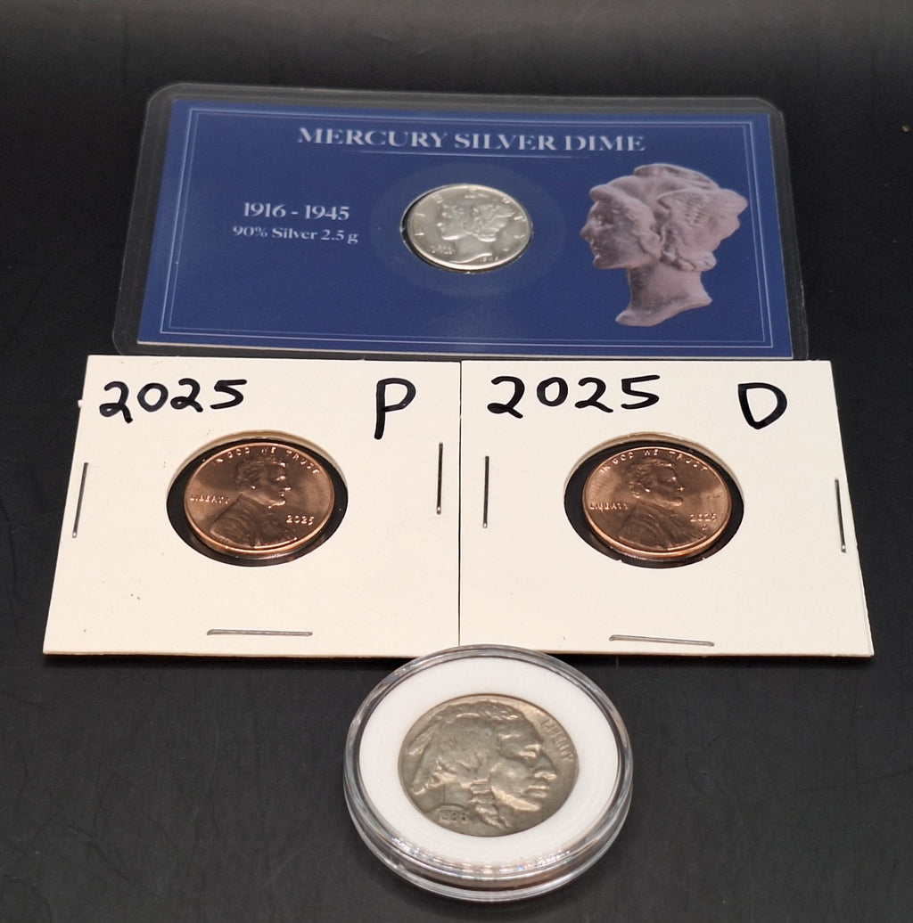 Buffalo Nickel Full Date, Silver Mercury Dime & 2025 P&D Cent Set BU