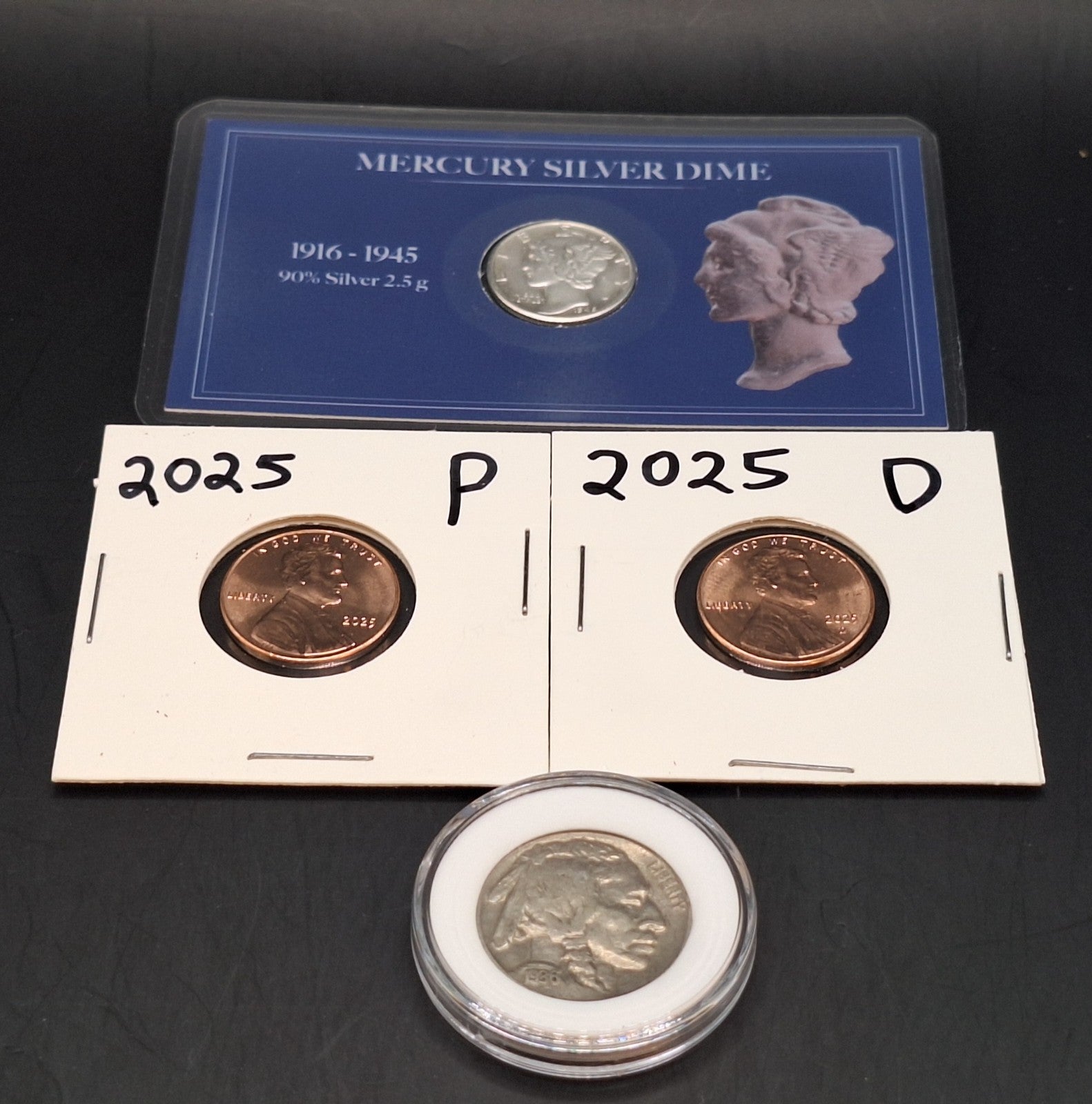Buffalo Nickel Full Date, Silver Mercury Dime & 2025 P&D Cent Set BU
