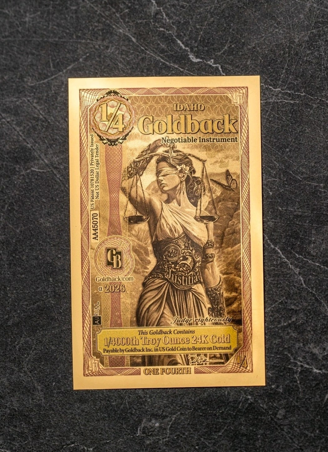 Lot 25 X - 1/4 IDAHO Goldback Aurum Gold Foil Note 1/4000 oz 24kt .999 Fine