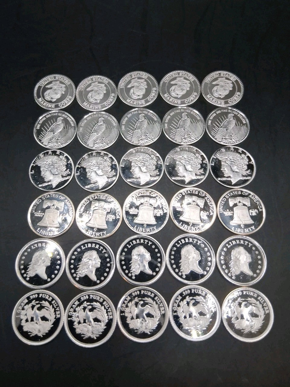 Lot 30 Pure .999 Fine Silver Rounds Premium New Bullion Estate Lot Coin Designs