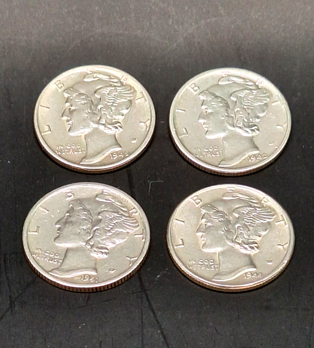 Set of 4 Mercury Dimes BU Brilliant Uncirculated 90% Silver 10C PDS Free Ship!!