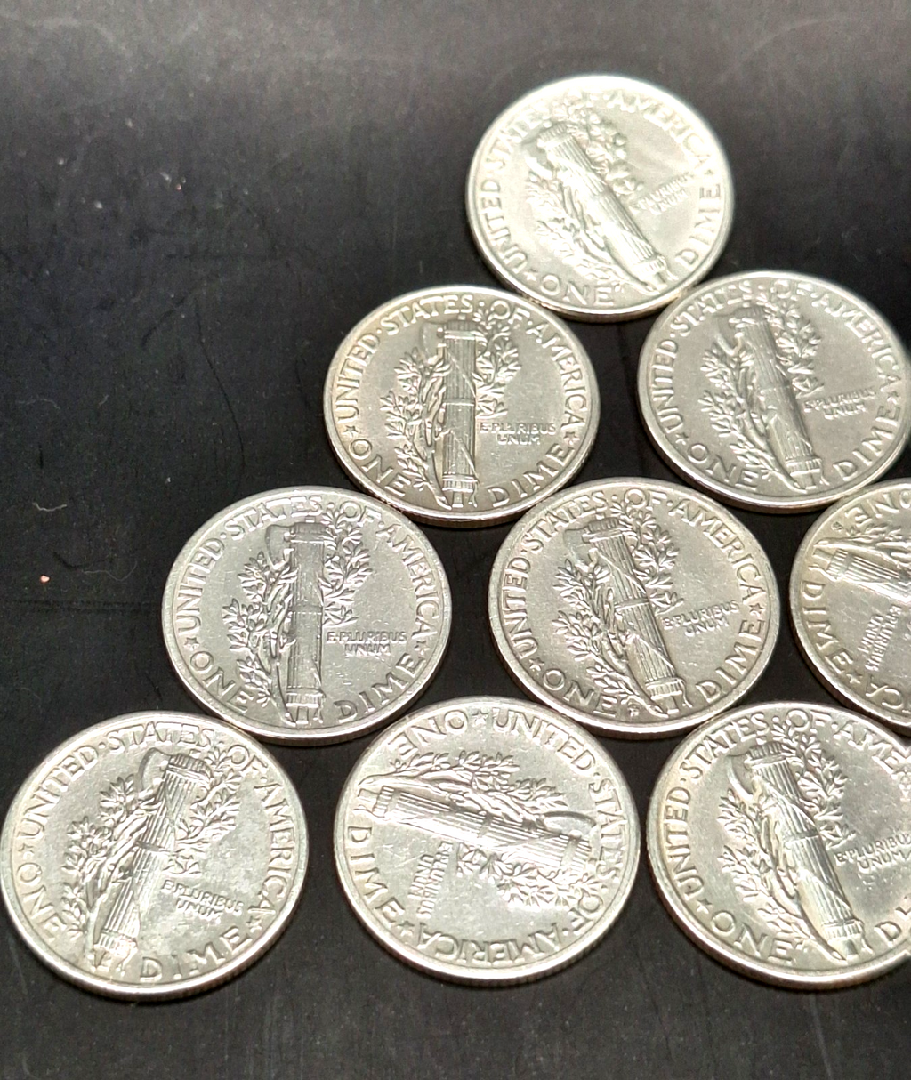 Set of 10 - Mercury Dimes AU Almost Uncirculated 90% Silver 10C PDS Free Ship!!
