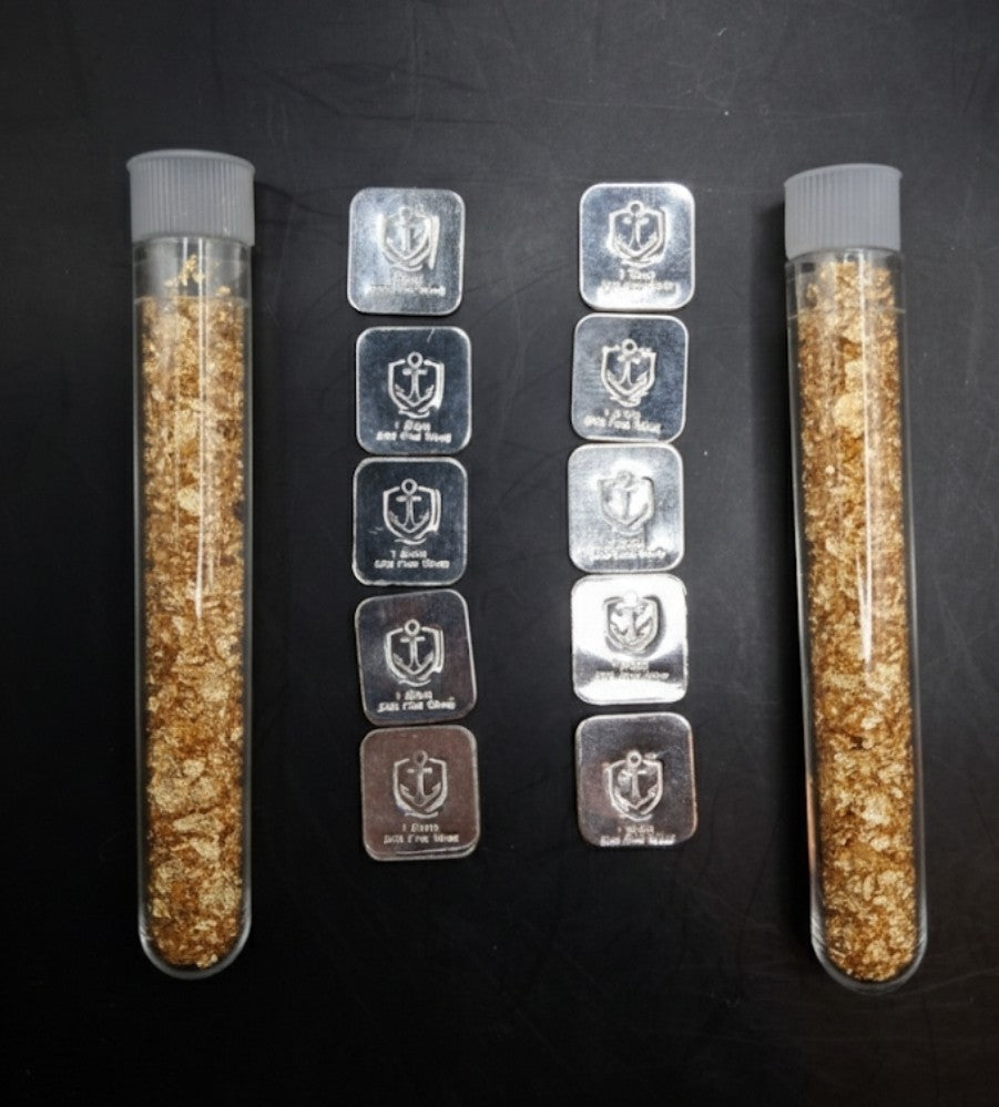 10 Grams Silver Bullion Bars .999 Fine + 2 Vials Gold Flake Estate Lot Anchor