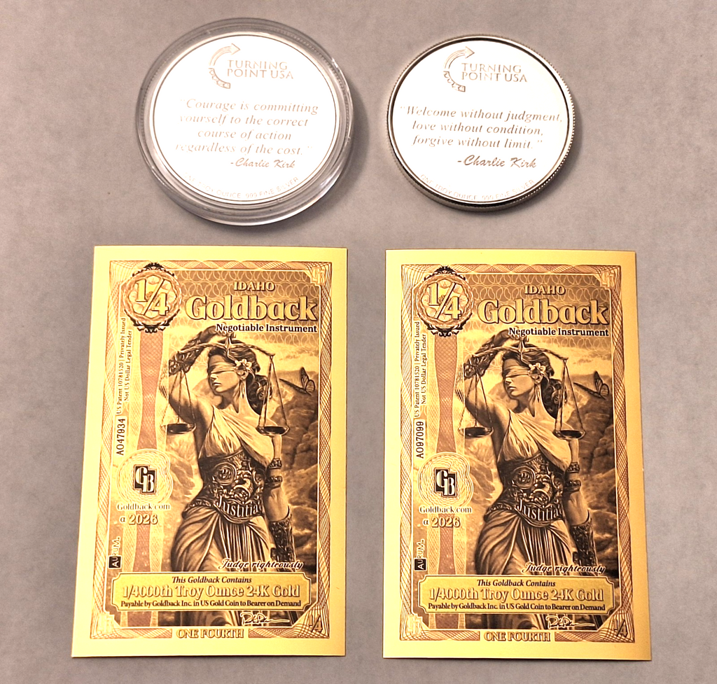 Charlie Kirk 2-Coin .999 Silver Set + 2 BONUS 1/4000 oz Idaho Goldbacks!