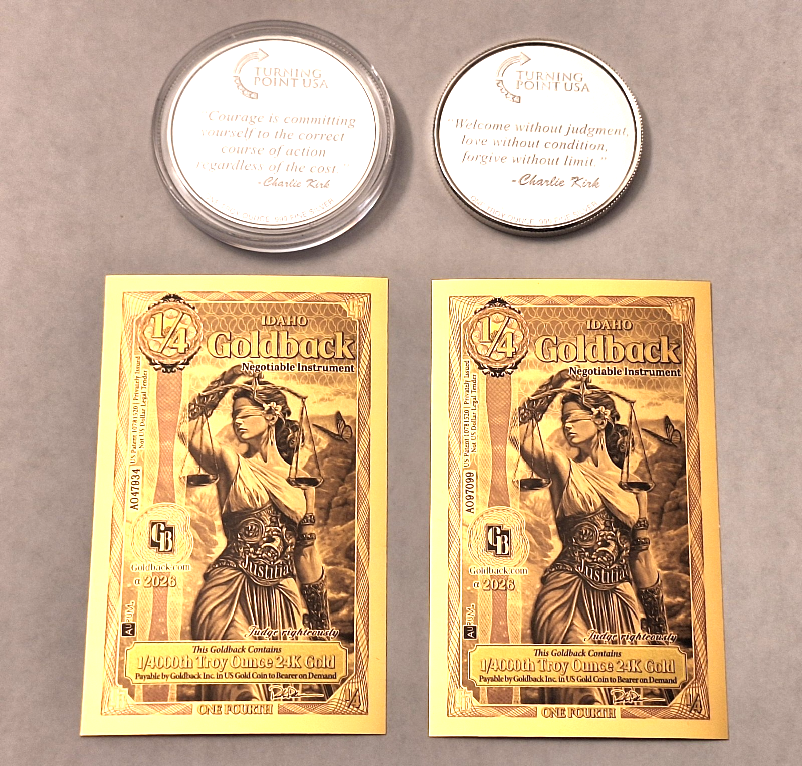 Charlie Kirk 2-Coin .999 Silver Set + 2 BONUS 1/4000 oz Idaho Goldbacks!