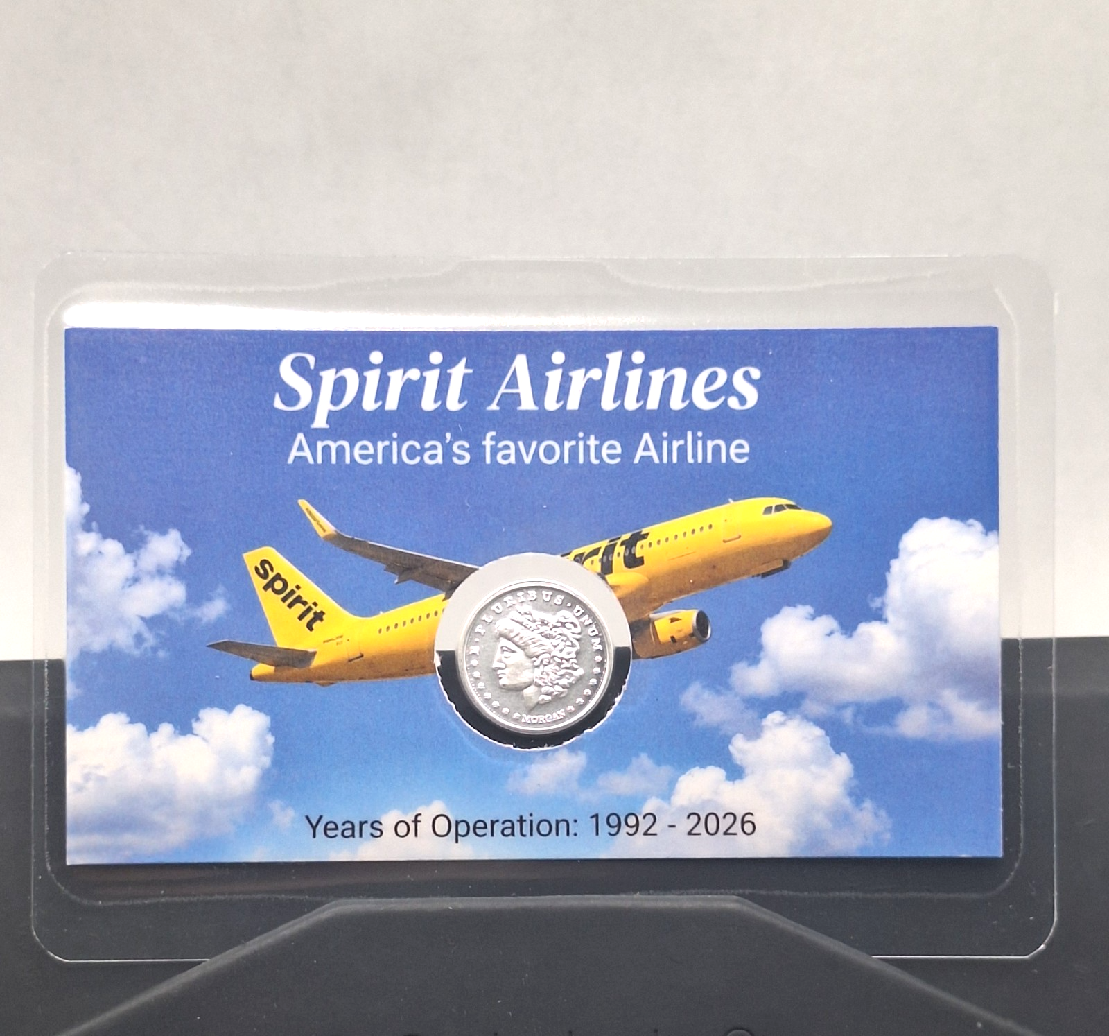 Spirit Airlines 1992-2026 Tribute Card w/ Genuine 1g .999 Silver Morgan Round