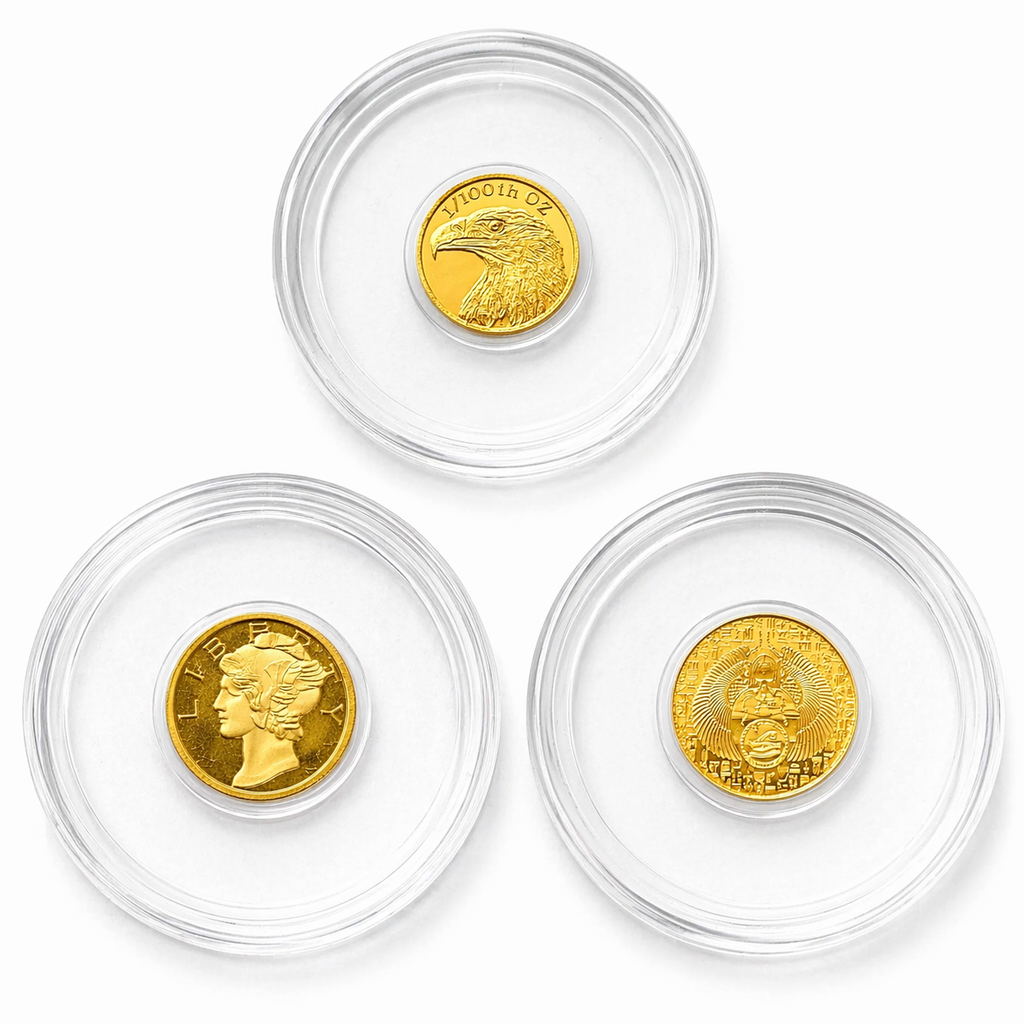 24K .9999 Gold 3 Coin Set – Eagle Flag / Mercury / Scarab Bullion Rounds