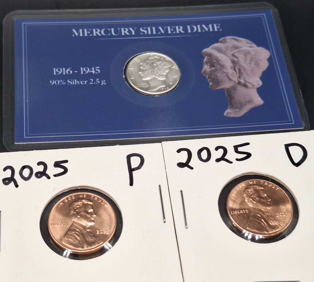 Buffalo Nickel Full Date, Silver Mercury Dime & 2025 P&D Cent Set BU