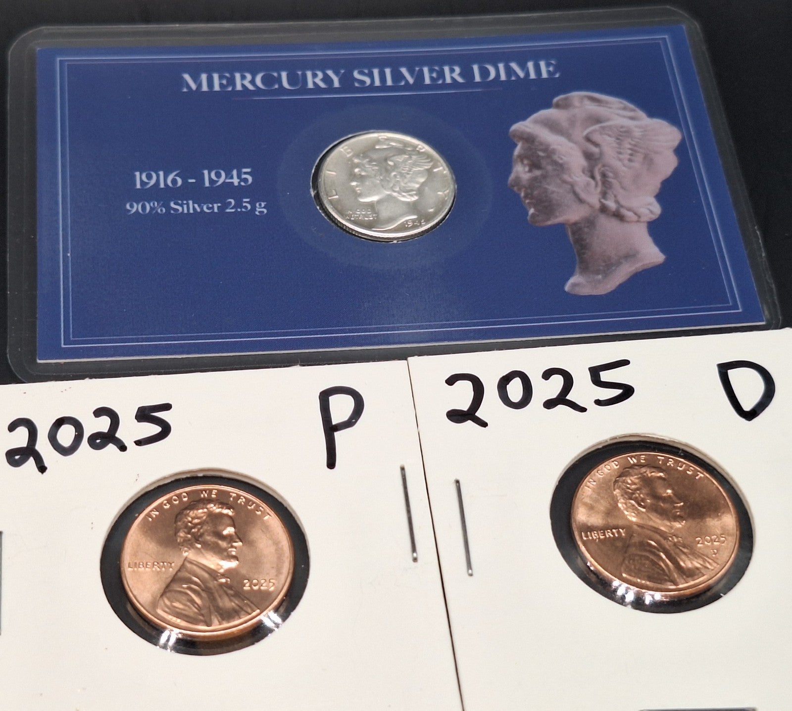 Buffalo Nickel Full Date, Silver Mercury Dime & 2025 P&D Cent Set BU
