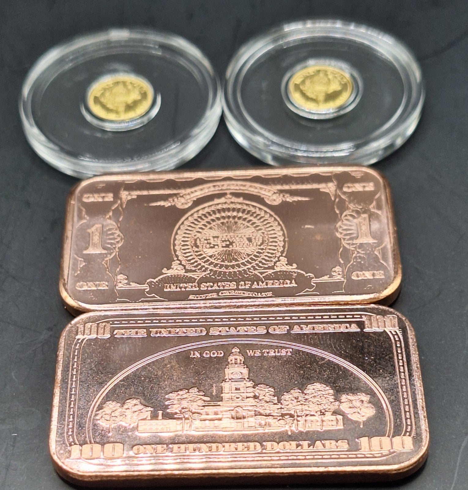 2x Mercury Gold Dime 1/200 oz .9999 Gold Coins + FREE 2x 1 oz Copper Bars