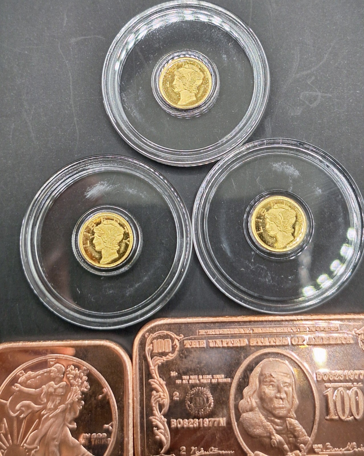 3x Mercury Gold Dime 1/200 oz .9999 Gold Coins + FREE 3x 1 oz Copper Bars