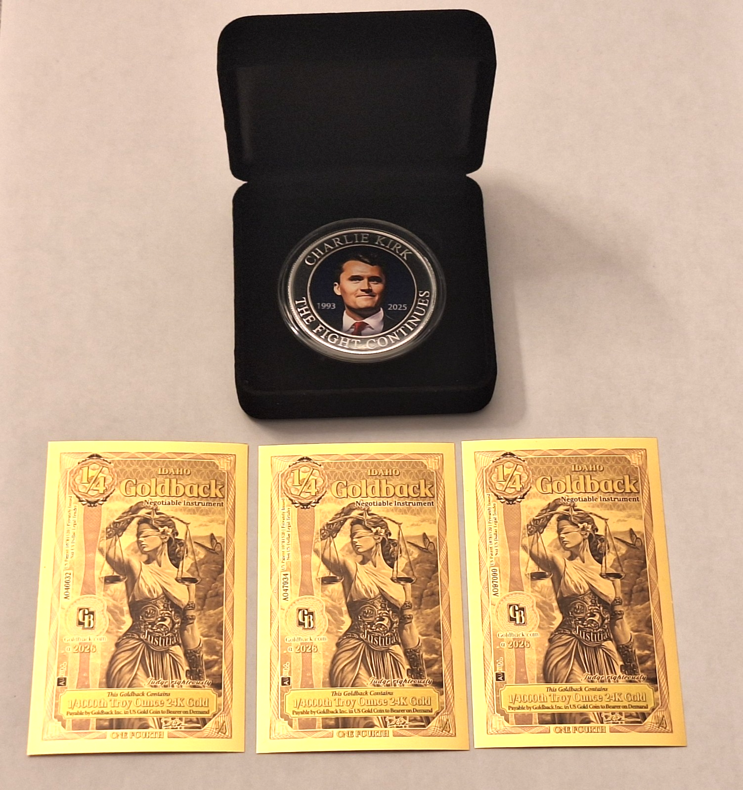 1oz .999 Silver Charlie Kirk Memorial Coin w/ Case + 3 BONUS Idaho Goldbacks!