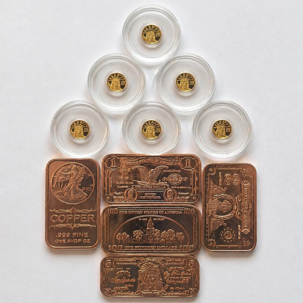 5x 24K Liberty Gold Coins 1/200 oz .9999 + FREE 5x 1 oz Copper Bars Set