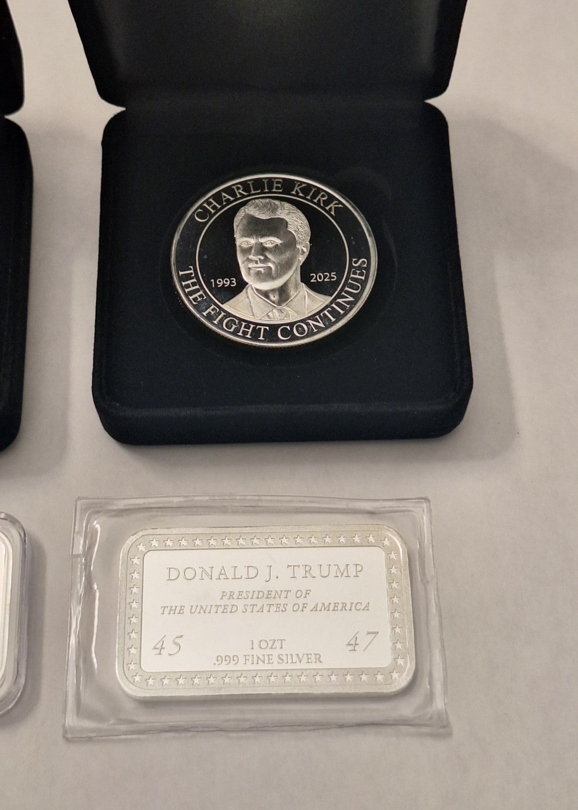 Ultimate Trump & Charlie Kirk .999 Silver Set w/ Colorized Bar + Display Cases
